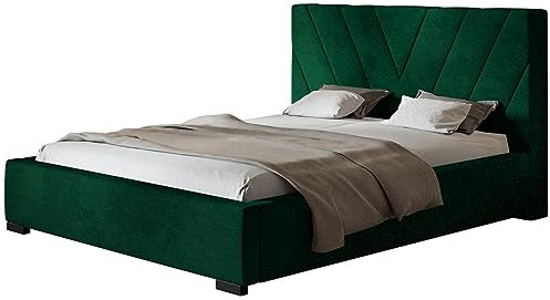 AlpiMeble Polsterbett Palermo mit Kopfteil, 160x200 cm, Doppelbett mit Bettkasten und Lattenrost aus Holz, Velourstoff Grün