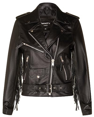 Infinity Leather Damen Schwarz FRINGE Leder Brando TASSELED Motorrad Retro Kuhfell Biker Jacke 4XL