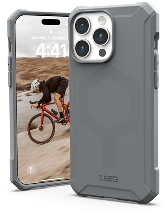 Urban Armor Gear Essential MS Case compatibile con la custodia di Apple iPhone 15 Pro Max [50% materiale riciclato, ricarica wireless/ricarica magnetica ottimizzata, 4,6m protezione] argento