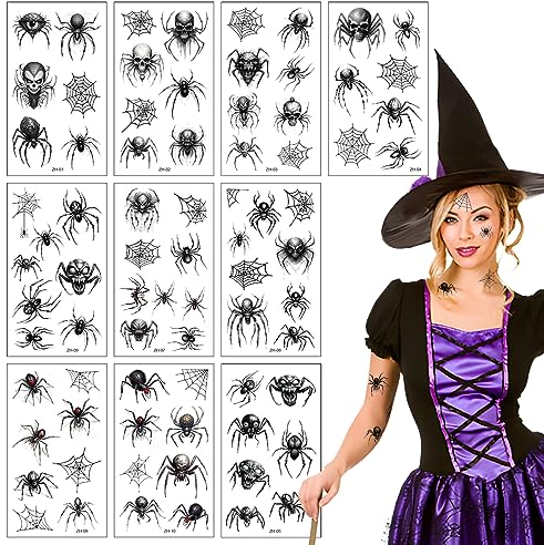 10Blatt Halloween Tattoos,Spinnen Tattoos Gesicht Spinnentattoos 3D Realistisch Fake Tattoos Spinnen Spinnennetz Temporäre Tattoos Frauen Männer Erwachsene Kinder Halloween Kostüm Makeup Zubehör