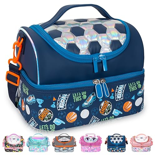 PinkSheep Bolsa de almuerzo aislante para niños Double Decker Cooler Bolsa grande para niños, Niñas, Hombres, Mujeres, con Correa Ajustable, Fútbol
