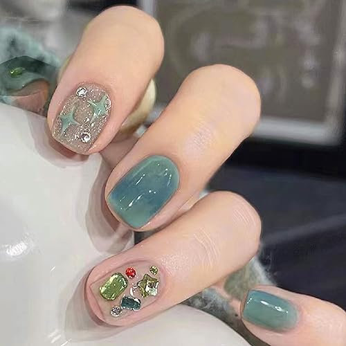 24Pcs False Nails Short Square, French Tips Press on Nails Glossy Green Shiny Fake Nails with Rhinestones Design, Reusable Acrylic Full Cover Stick on Nail for Women Girls Nail Art Accessories