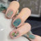 24Pcs False Nails Short Square, French Tips Press on Nails Glossy Green Shiny Fake Nails with Rhinestones Design, Reusable Acrylic Full Cover Stick on Nail for Women Girls Nail Art Accessories