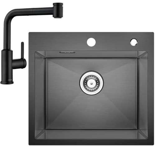 CECIPA 50x45cm Evier Cuisine Noir 1 Bac avec Robinet Cuisine Douchette Noir