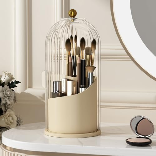 YOOLENS Make-up-Pinselhalter mit Deckel, 360 Grad drehbar, transparent, staubdicht, Make-up-Pinsel-Organizer für Schminktisch, Schreibtisch, Badezimmer, Arbeitsplatte, Weiß / Beige