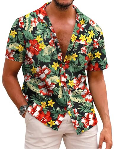 COOFANDY Chemises à Manches Courtes Hommes Funky Hawaïenne Chemise à Fleurs d'Été Imprimé Plage Casual Vacances Party Shirt avec Poche A-Bleu Marine L