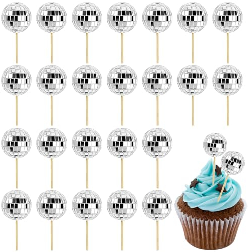 24 PCS Disco Ball Cupcake Toppers, Silver Small Mirror Ball Cake Toppers Reflective Mini Cake Decorations for 70s Disco Theme Dance Party Supplies