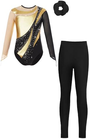 Alvivi Mädchen Turnanzug Langarm Gymnastikanzug mit Hose Haarband Patchwork Ballettanzug Trikotanzug Akrobatik Anzug Eislaufen Tanzkostüm Gold Schwarz 158-164