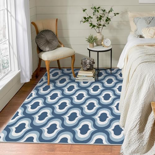 Waschbar in Waschmaschine Wohnzimmer Teppich Blau Kariert 70x140 Kurzflor Teppich Schlafzimmer, Geometrie Teppich Gegend Dünn Bettvorleger Saugfähig für Jugendzimmer Jungen Mädchen