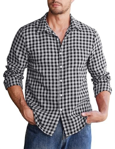 COOFANDY Chemise à carreaux à manches longues pour homme, coupe classique, chemise boutonnée en flanelle décontractée à carreaux pour homme, noir/blanc, XXL