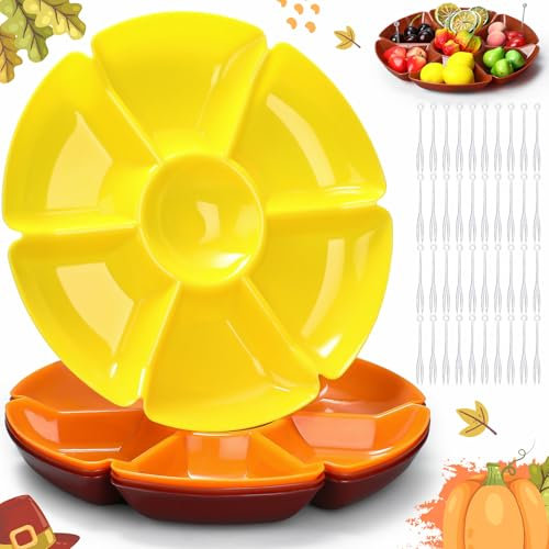 Zhehao 4 Pcs Sectional Heavyweight Plastic Divided Plates Serving Trays with 40 Disposable Forks 10.6 7 Section Round Chip Dip Plate Snack Food Platter for Nut Candy Veggie Fruit(Thanksgiving Color)