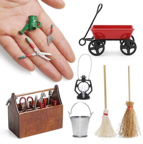 Odoria Miniatur Gartenwerkzeug Wichtel Zubehör: 1/12 Maßstab Werkzeugkasten Schubkarre Garten Weihnachten - Mini Werkzeug Laterne Besen Eimer Feengarten 17 Stücke