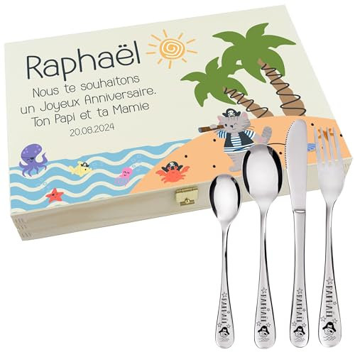 Coffret en Bois avec 4 Couverts personnalisés pour Enfant - prénom gravé en France - Acier Inoxydable - Cadeau Noël bébé, Baptême, Cadeau de Naissance Fille ou garçon - Modèle île