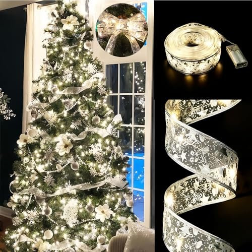 YYwenting Christmas Fairy Lights 32FT Ribbon Xmas Tree Lights 100LED Christmas Decorations Battery String Lights for Xmas Decor (Warm White)