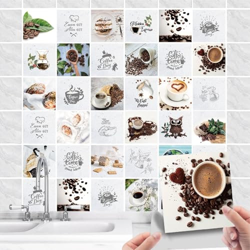 36 Stück Fliesenaufkleber Küche Selbstklebende - Küchenrückwand Fliesenfolie PVC mit Kaffee Spruch - Wasserdicht Ölfest Fliesensticker für Wand-fliesen Schrank Dekorative (Kaffee weiß, 20x20cm)
