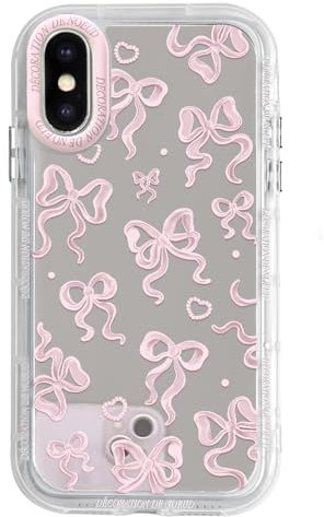 NITITOP Compatible with iPhone XS Max Case Cute Mirror Bow Love Heart Pattern for Women Girls Ribbon Design Shockproof Silver Protective Phone Cover - Light Pink Bow