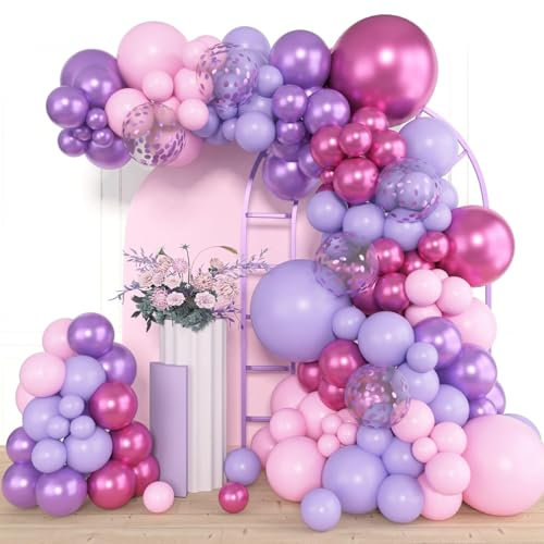 Kit Arco Palloncini Viola, 114pcs Palloncini Compleanno Lilla Rosa con Palloncini Metallizzati Viola e Rossi, Ghirlanda Palloncini Viola per Battesimo Bimba, Matrimonio, Compleanno, Baby Shower Deco