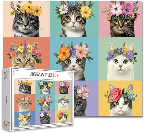 Cute Cats Wearing Flower Crowns Jigsaw Puzzle，Furry Cats Adorable Portraits 1000 Pieces Jigsaw Puzzles for Adults，27 x 20 Inches Puzzles ，HD Quality Fantasy Puzzle Gift，Family Activity for Game Night