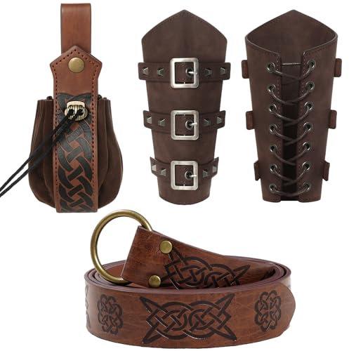 baotongle 4 Stück Halloween Nekromanten Anzug Mittelalterliche Armschienen GüRtel Kleidung Mittelalterlicher Kunstledergürtel & Wikingertasche mit Kordelzug Mittelalter kostüm Damen Herren
