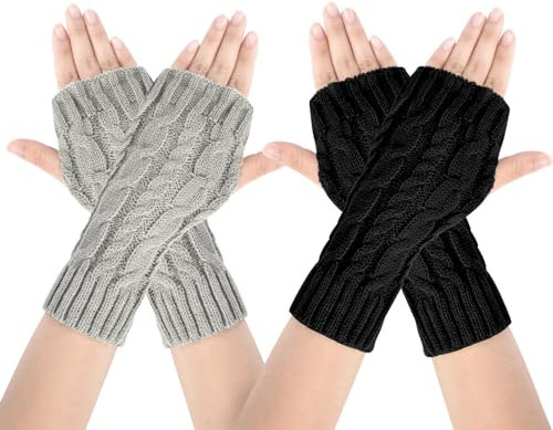 AUYAO 2Pcs Winter Armstulpen Damen Thermo Gestrickte Fingerlos Handschuhe Warm Strick Handstulpen Unisex Armwärmer Stulpen Pulswärmer Winterhandschuhe mit Daumenloch Über (A: Schwarz+Hellgrau,22cm)