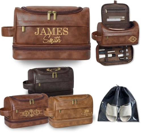 Trousse de toilette personnalisée pour homme, trousse de voyage de grande capacité, cuir PU couleur vintage, initiales de nom personnalisées, cadeaux pour papa, mari, petit ami, garçons d'honneur