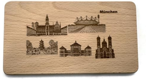 Exoda Frühstücksbrettchen aus Buchenholz mit Münchner Wahrzeichen wie dem Brandenburger Tor und der Goldelse ideal für Frühstück Snacks und geeignet als nützliches Präsent.