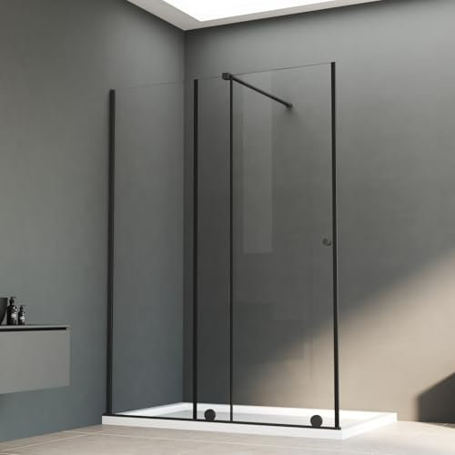 Walkin Dusche 140x185cm Walk in Duschwand mit Schiebetür 6mm ESG Sicherheitsglas Duschkaine Duschtür Schiebetür Duschabtrennung Duschtrennwand Echtglas-Dusche, Links und Rechts montierbar, Schwarz