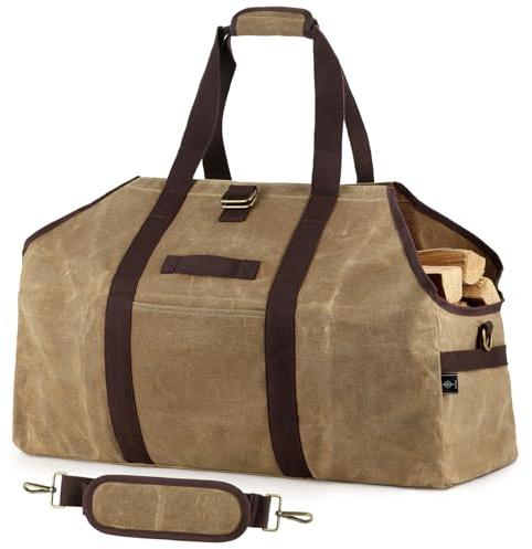 BONTHEE Borsa porta legna da ardere in tela cerata, extra large, 91,4 x 61 cm, impermeabile, cachi chiaro