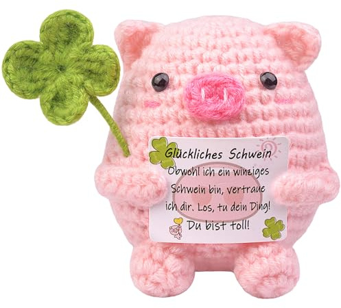 Mwmoeen Pocket Hug Gestricktes Minischwein, Kreative Strickwolle Glücksschwein mit Vierblättriges Kleeblatt, Mutmacher Geschenk, Viel Glück Geschenk, Beste Kleine Geschenke für Frauen Freundin