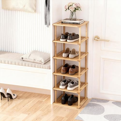 Aniston 6-Etagen-Schuhregal aus Bambus, freistehendes schlankes schmales Schuhaufbewahrungsregal, vertikales hohes Schuhregal für Garage, Schrank, Tür, Ecke, Wohnzimmer kleine Räume (6 Etagen)