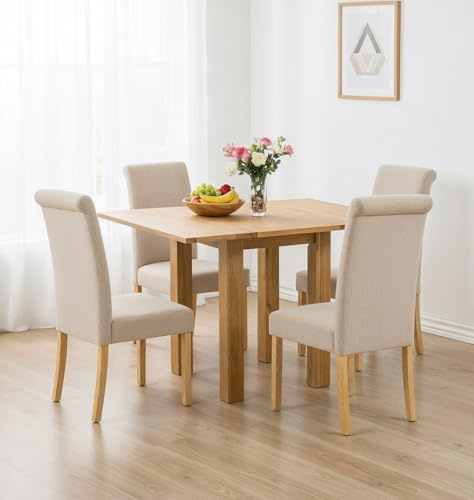 Hallowood Furniture Waverly Oak Small Dining Table and Chairs Set 4, Cream | Light Oak Kitchen Table and Roll Top Cream Linen Fabric Dining Chairs, Modern 5-Piece Furniture Set Perfect for Home and Café