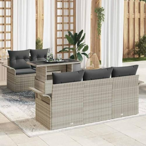 Teenpull Ensemble de Canapé de Jardin 6 Pièces Gris Clair Poly Rotin Modulable Durable pour Terrasse Balcon Jardin Piscine 5 Places