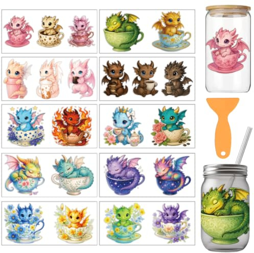 arricraft 10 Blätter Teetasse Gragons Thema UV DTF Tasse Transfer Aufkleber | 24x11cm Wasserfest Rub On Sticker Möbelfolie Selbstklebend für DIY Kunsthandwerk Becher, Flaschen, 16oz Glas, Möbel