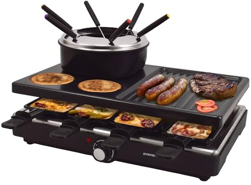 Syntrox Raclette Fondue 2in1 für 8 Personen, 1400 W, antihaft Grillplatte, 8 Pfännchen, 1,4 l Fondue-Topf, Thermostatsteuerung