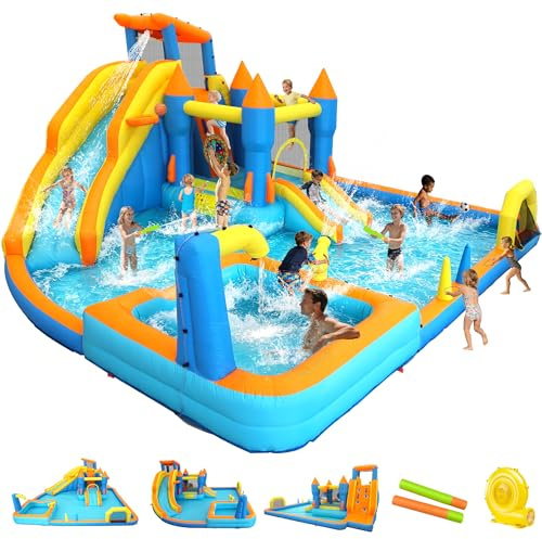 Ytonisld Inflatable Water Slide Park, 12-in-1 Water Bounce House with Big Splash Pool & Deep Pool, Basketball, Ring Toss, Target Game - 19X17.7FT Blow Up Water Slide for Big Kids 3-12 Outdoor Backyard