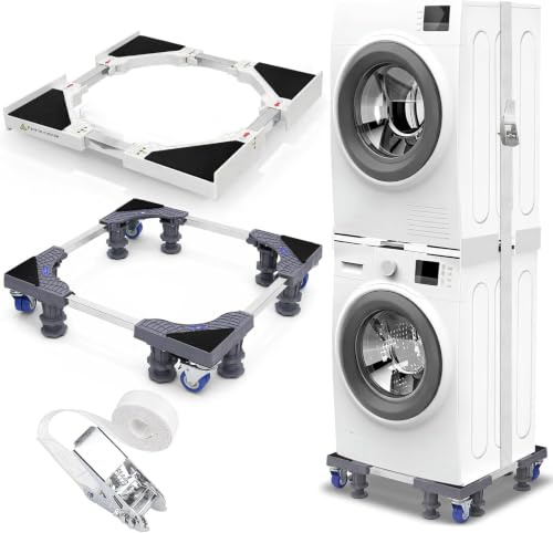 Kit sovrapposizione lavatrice e asciugatrice 46–72 cm + base con ruote 43–60 cm, 8 piedi, 4 ruote con doppio freno, antiscivolo, anti-vibrazione, cinghia a cricchetto 6 m, stabile e salvaspazio