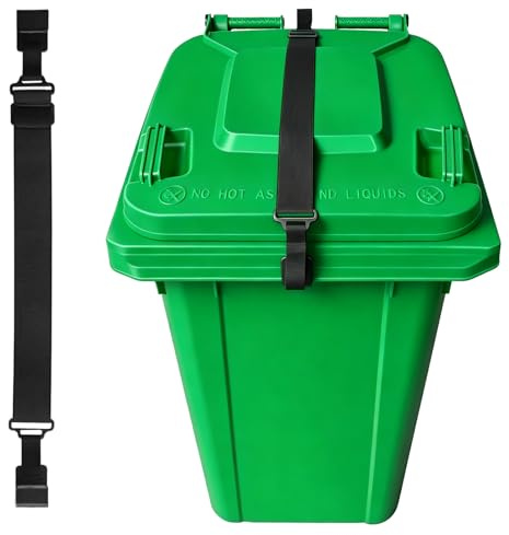 Dual-Claw Wheelie Bin Strap - Adjustable Windproof Bin Lock, Heavy Duty No-Drill Wheelie Bin Lid Strap for 32-96 gallon Rubbish Bins (Animal Protection Bin Locks Wheelie)