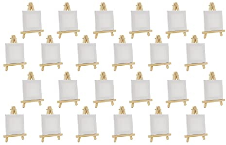 BRUBAKER 24er Set Mini Staffeleien mit Leinwand - Holz Tischkartenhalter - 12,5 cm Fotohalter Kartenhalter Platzkartenhalter - Kleine Tischdeko inkl. Mini-Leinwand Keilrahmen für Hochzeit Party