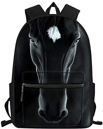 Amzbeauty Sacs d'école pour enfants avec impression d'animaux 3D durable, Cheval noir., 15.6 (39,6 cm), Sac à dos d'école