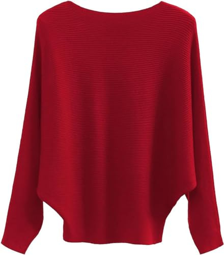 Etyepoh Womens Jumper Boat Neck Batwing Sleeve Casual Knitted Baggy Pullovers Sweater Tops (1-Wine Red)