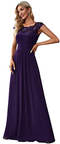 Ever-Pretty Vestiti da Cerimonia Pizzo Maniche ad Aletta Stile Impero Linea ad A Elegante Chiffon Lunghezza del Piano da Donna Viola Scuro 40