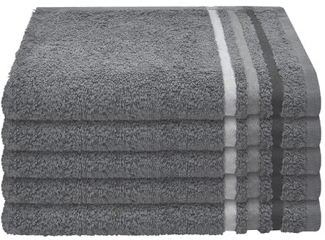 Schiesser Gästetuch | 5er Set | 100% Baumwolle | Dunkelgrau | Streifenbordüre | 30x50 cm | flauschig & saugstark | sorgfältig eingenähter Kordelaufhänger | OEKO-TEX® MADE IN GREEN