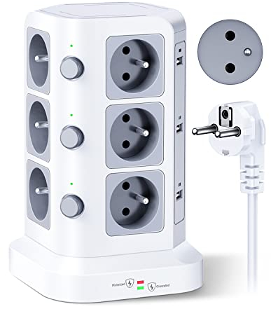 KOOSLA 12 Prises 2P+T de Type-E (France) Tour Multiprise avec 6 Ports USB(4000W/16A), Multiprise Electrique parafoudre et surtension, 3 Interrupteur Individuel, 2M Câble, Blanc
