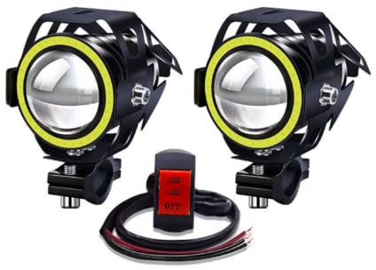 YnGia Phares antibrouillard LED pour moto avec halo blanc et interrupteur marche/arrêt à 3 fils, 2PCS U7 Moto DRL Phares avant 12V 24V Étanches supplémentaires avec feux de croisement stroboscopiques