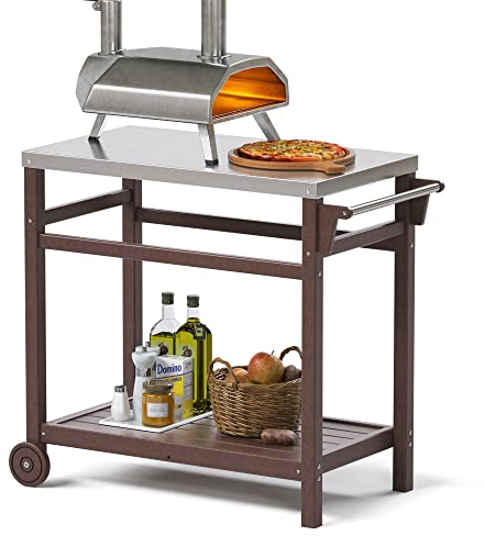 TORVA Chariot mobile pour four à pizza, table de salle à manger avec dessus en acier inoxydable, support de barbecue pour cuisine, terrasse, jardin, couleur marron