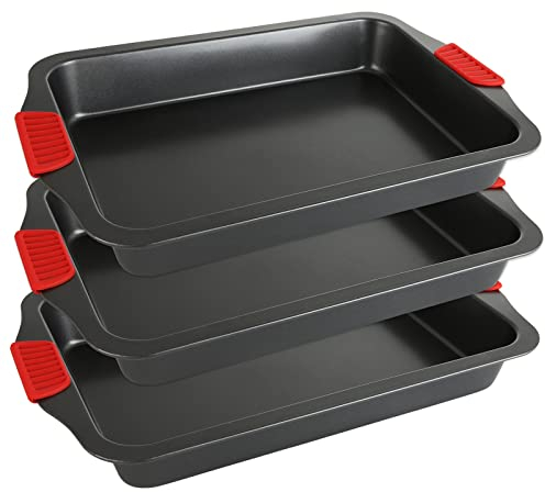 JMIATRY 3 Pcs Baking Trays for Oven Non Stick, 40x26x4cm Oven Tray with Silicone Handle Grips, PFOA Free Carbon Steel Baking Sheets with Teflon Coating for Baking Food