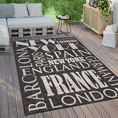 Paco Home Outdoor Teppich Wetterfest Wohnzimmer Balkon Küchenteppich Modernes Muster Mit Schriftzug, Grösse:80x250 cm, Farbe:Anthrazit