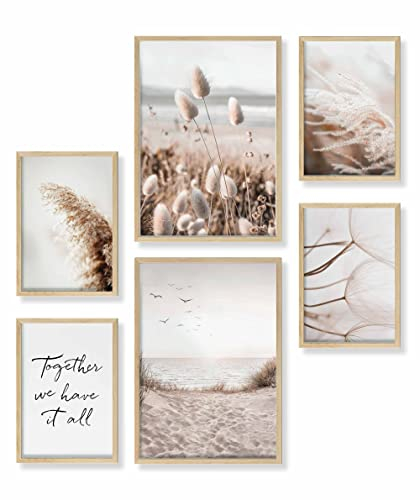 Heimlich® Premium Poster Set mit Bilderrahmen Holz Eiche | 2 x DIN A3 & 4 x DIN A4 - ca. 30x42 & 21x30 | Stilvolle Poster Collagen mit passenden Bilder als Wanddeko » Achtsam Beige Strand «