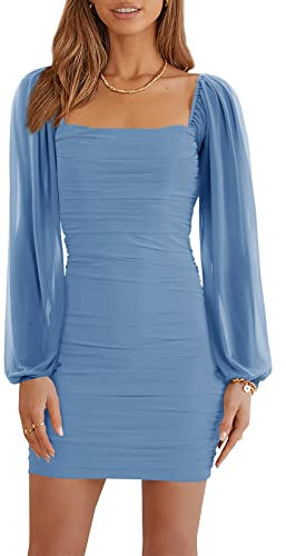 Wenrine Women's Dress Mesh Long Sleeve Square Neck Party Dress Ruched Club Cocktail Bodycon Mini Dress(Baby Blue,S)