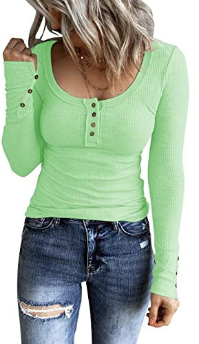Bingerlily Womens Slim Fit Henley Tops Long Sleeve Button Shirts V Neck Cute T Shirts, Mint Green, Medium